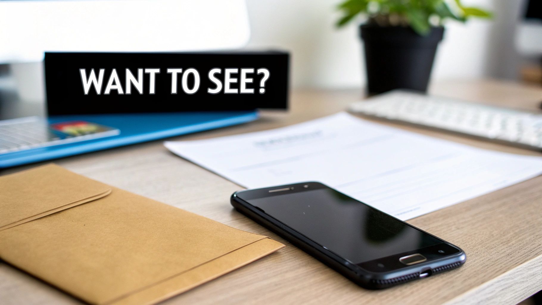 A desk with a black sign displaying 'WANT TO SEE?', a smartphone, and an envelope, suggesting a business query.