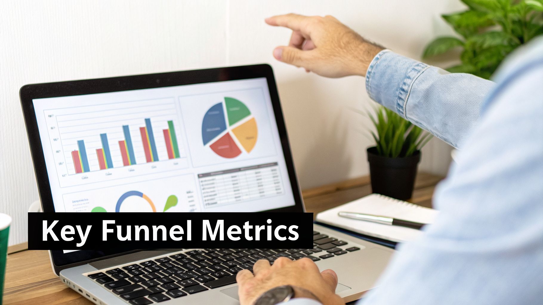 A person pointing at a laptop displaying sales funnel metrics, charts, and graphs with a 'Key Funnel Metrics' overlay.