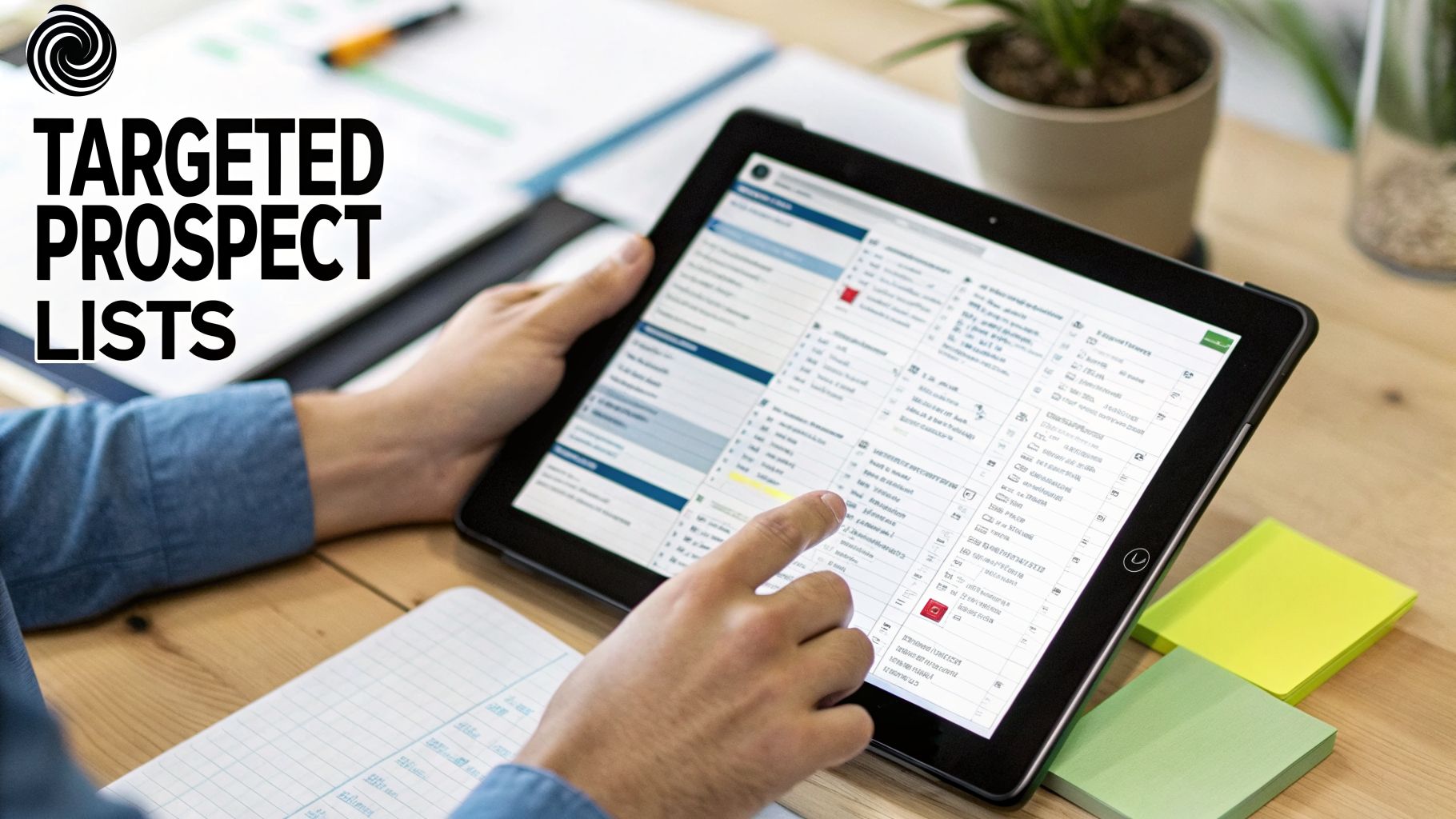 A person's hands work on a tablet displaying a detailed list for targeted prospect outreach.
