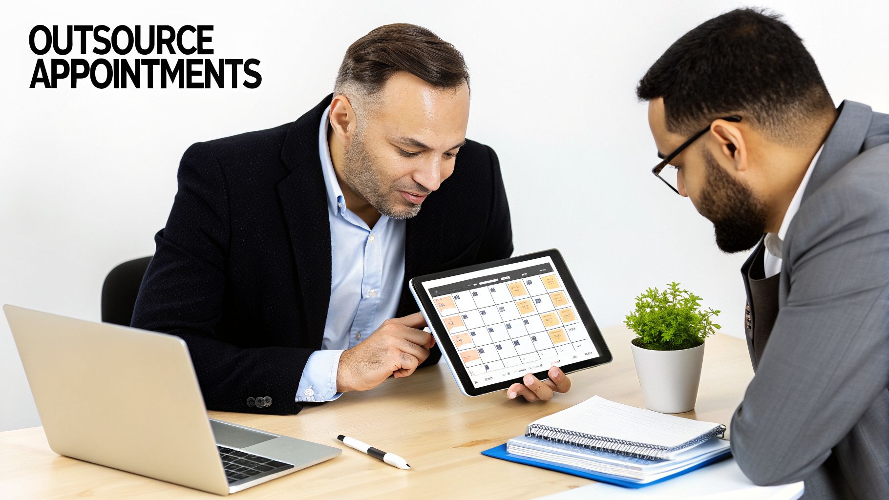 Two businessmen review an appointment calendar on a tablet, discussing outsourcing services in an office.