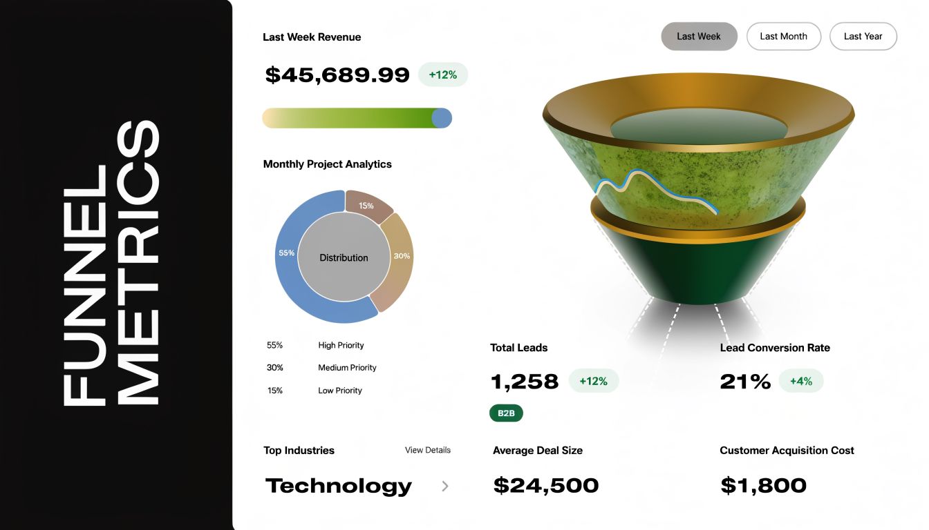 A modern analytics dashboard interface displaying B2B marketing funnel metrics, including revenue, project analytics, and conversion rates.