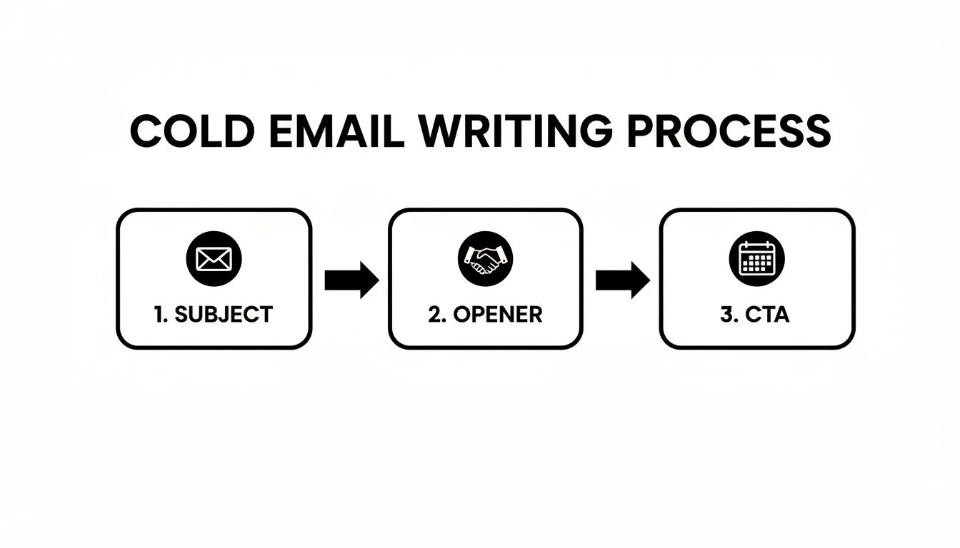 A diagram illustrates the cold email writing process with three steps: Subject, Opener, and CTA.