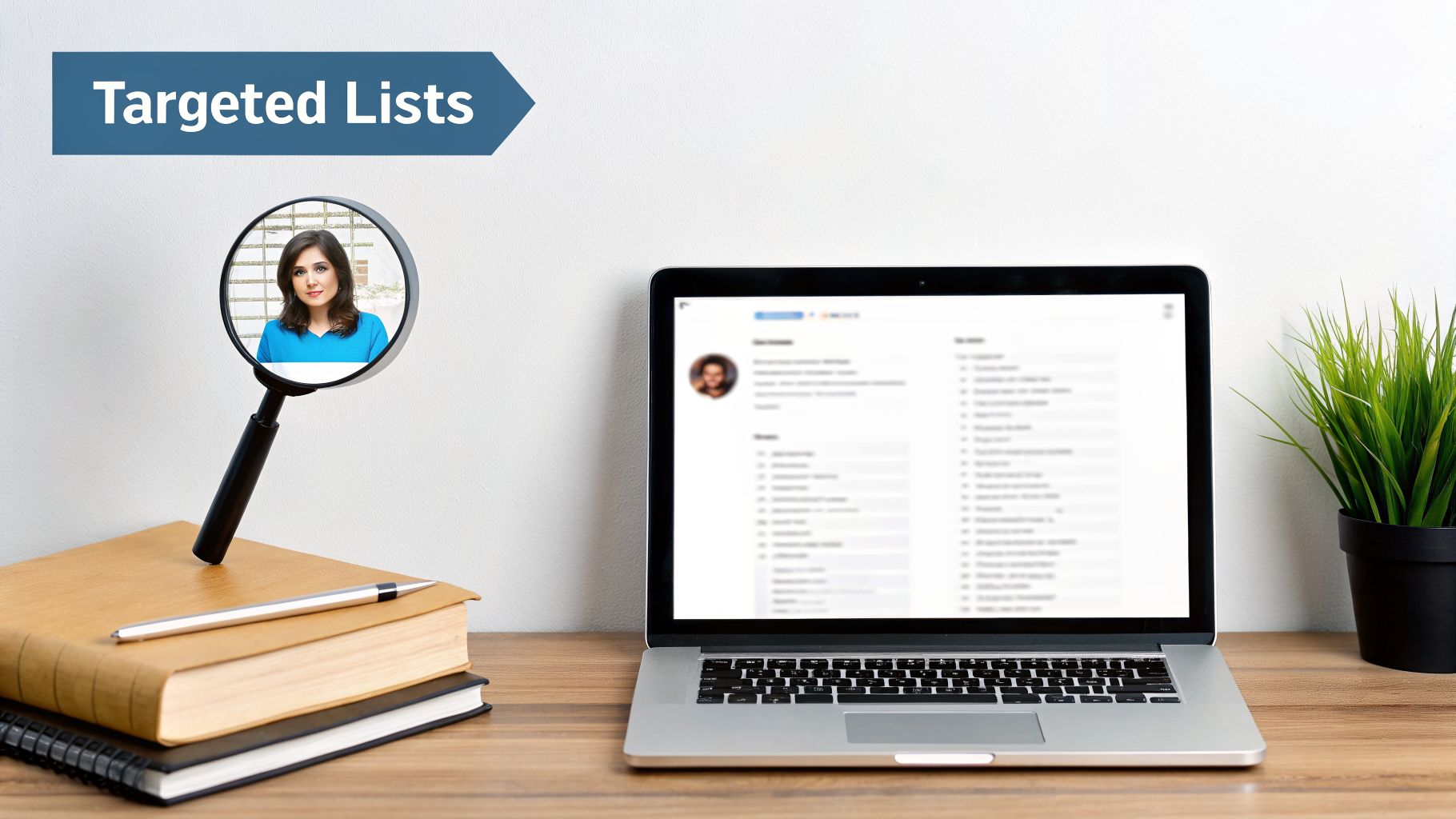 Magnifying glass highlights a woman's profile next to a laptop displaying targeted lists for outreach.