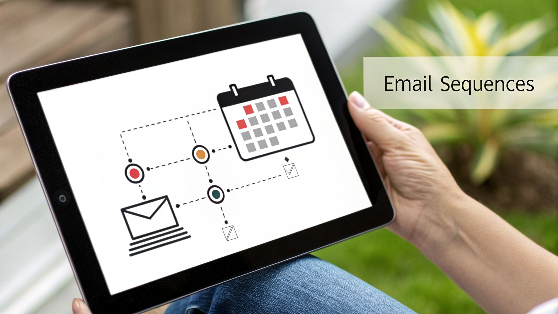 A person holds a tablet displaying a diagram of email sequences and a calendar workflow.