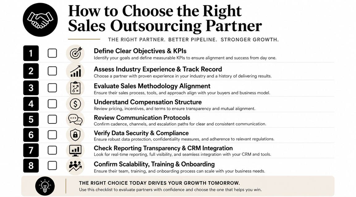 A checklist for choosing a sales outsourcing partner, highlighting eight key criteria for business success.
