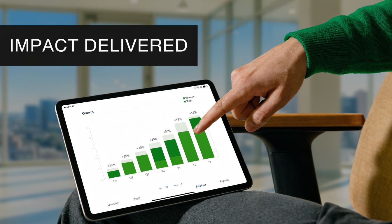 A professional analyzing business growth charts on a tablet screen held in their hand.