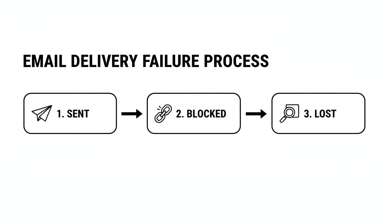 Flowchart showing the email delivery failure process: Sent, Blocked, then Lost.