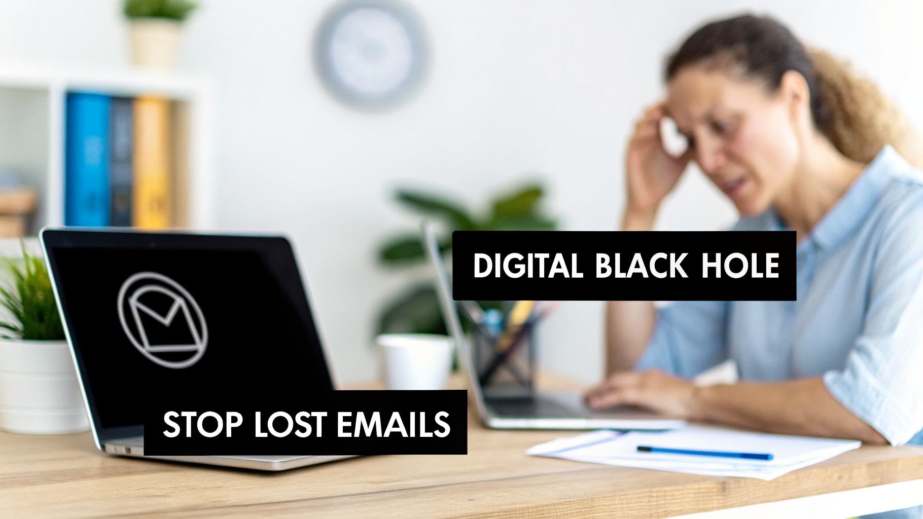 A stressed woman at a desk with laptops, highlighting issues with lost emails and digital communication.