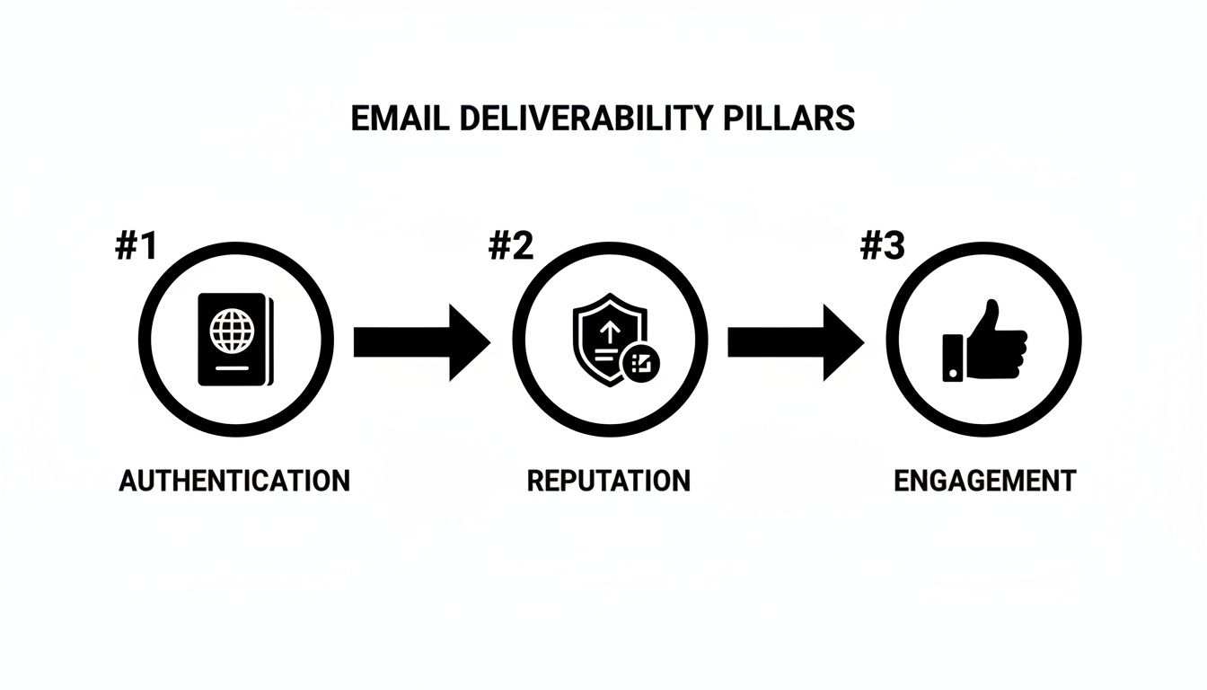 An infographic illustrating the three email deliverability pillars: authentication, reputation, and engagement.