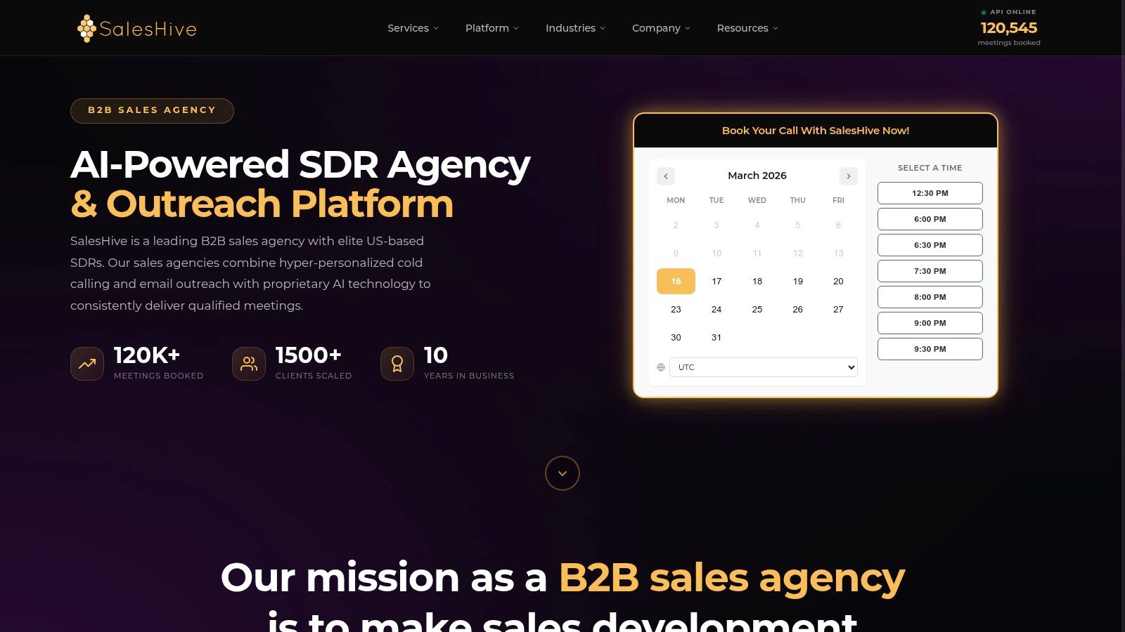 SalesHive website screenshot showing their focus on B2B sales and multi-channel outreach