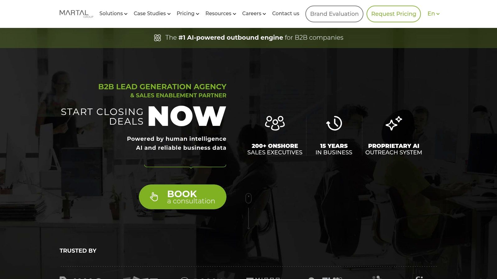 Martal Group website screenshot showcasing their sales as a service offering and industry coverage