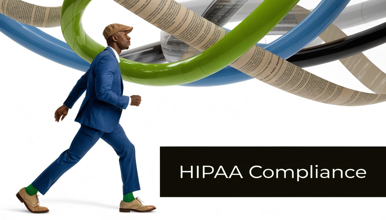 A professional man in a blue suit walking alongside abstract ribbons related to HIPAA compliance services.