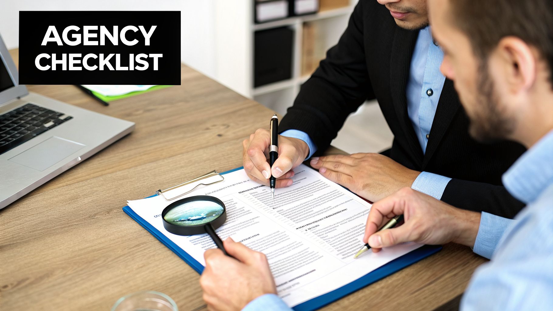 Two men examining a document titled 'Agency Checklist,' one signing, the other reviewing with a magnifying glass.