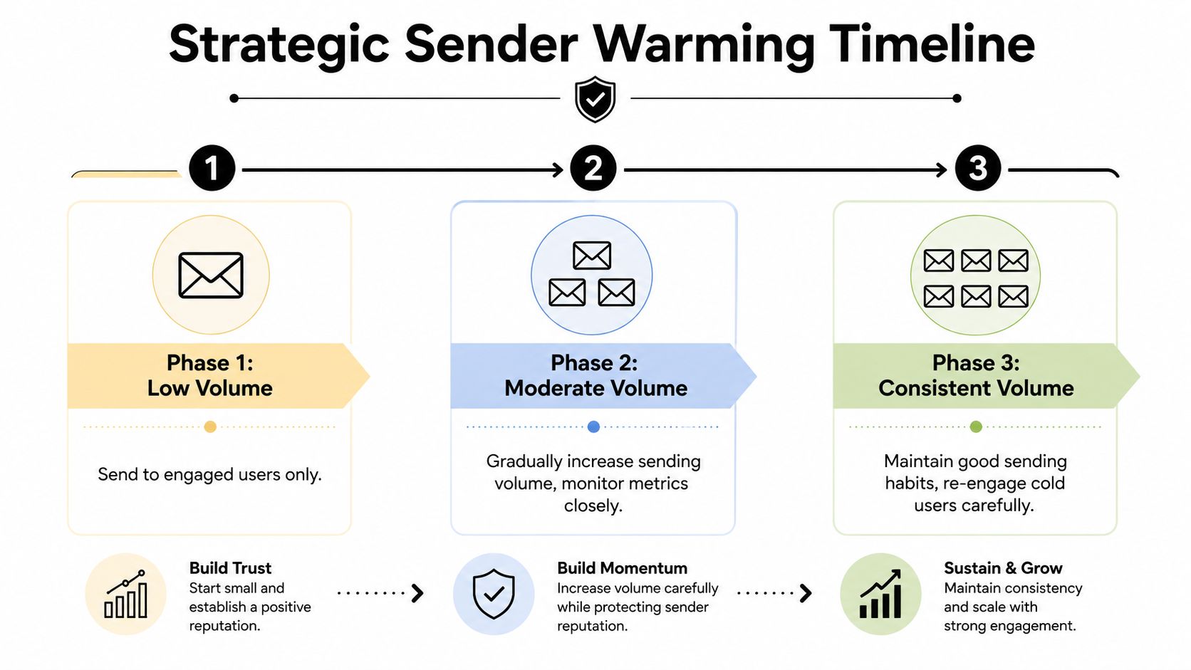 A strategic timeline infographic showing three phases for email sender warming, from low to consistent volumes.