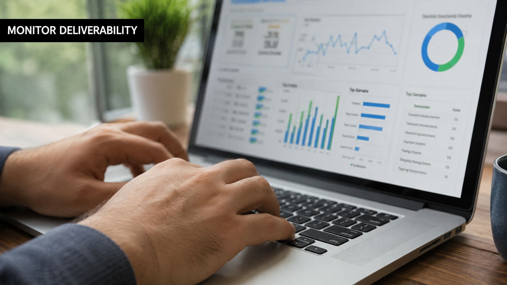 A professional analyzing email deliverability statistics and metrics on a laptop screen in a workspace.