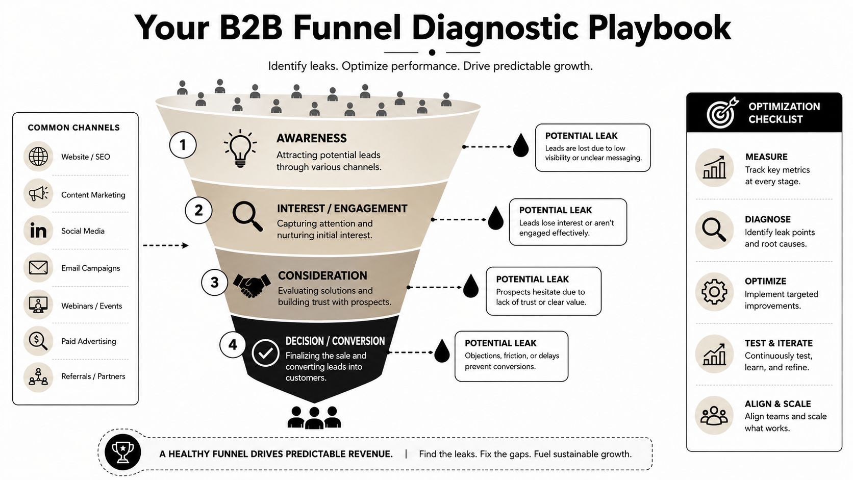 A B2B marketing funnel diagnostic playbook graphic illustrating stages from awareness to conversion and optimization steps.