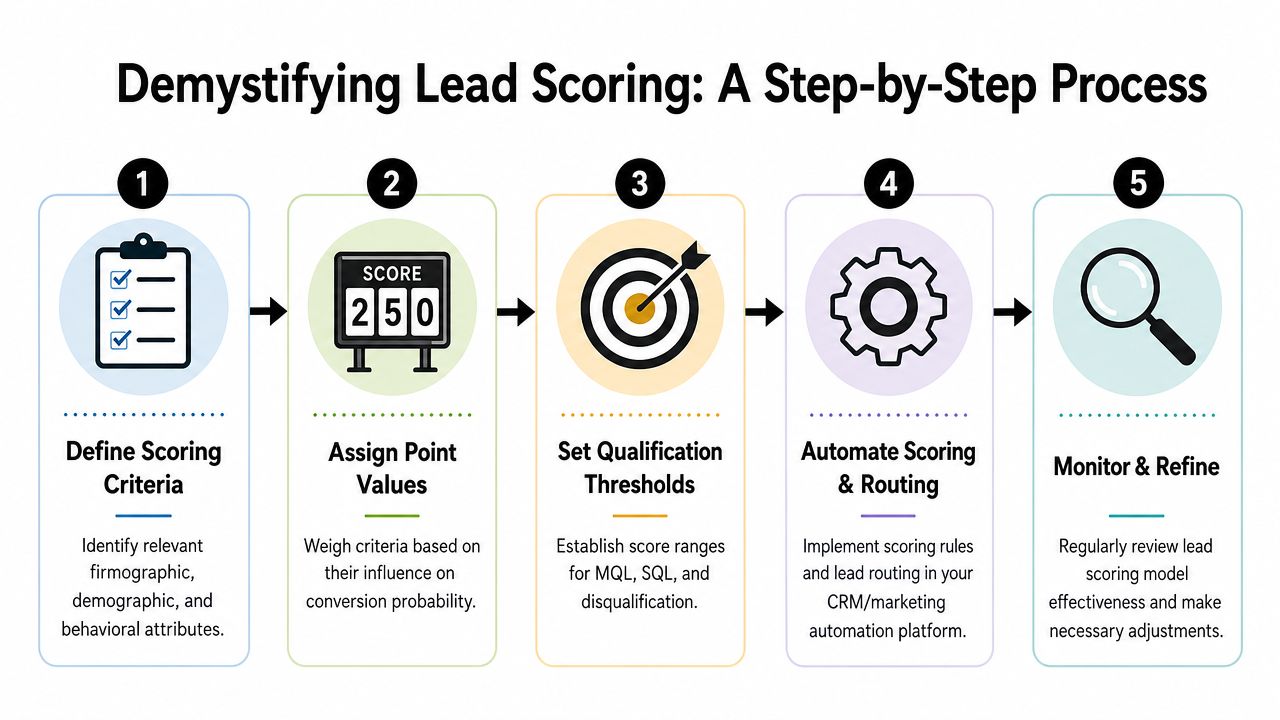 A five-step infographic outlining the systematic process for effective lead scoring in marketing and sales.