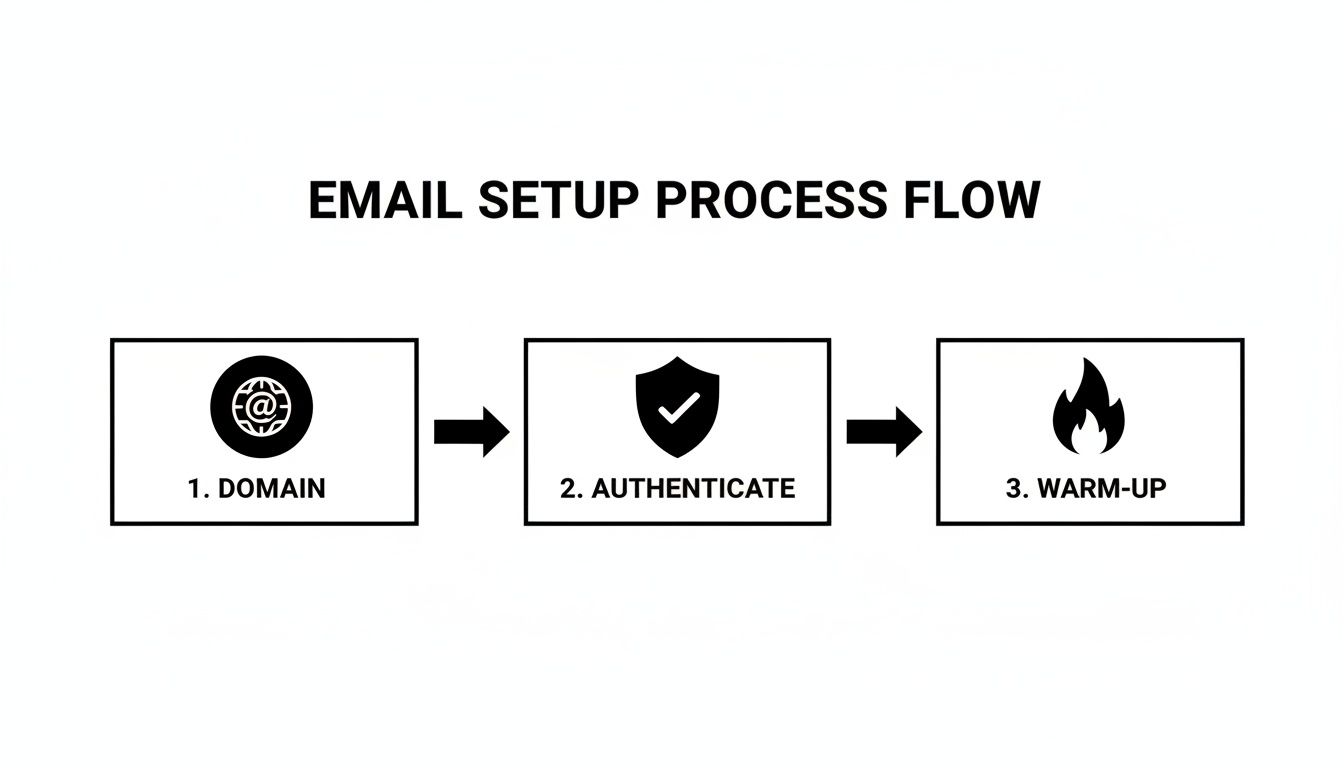 Flowchart illustrating the email setup process flow with steps: Domain, Authenticate, Warm-up.