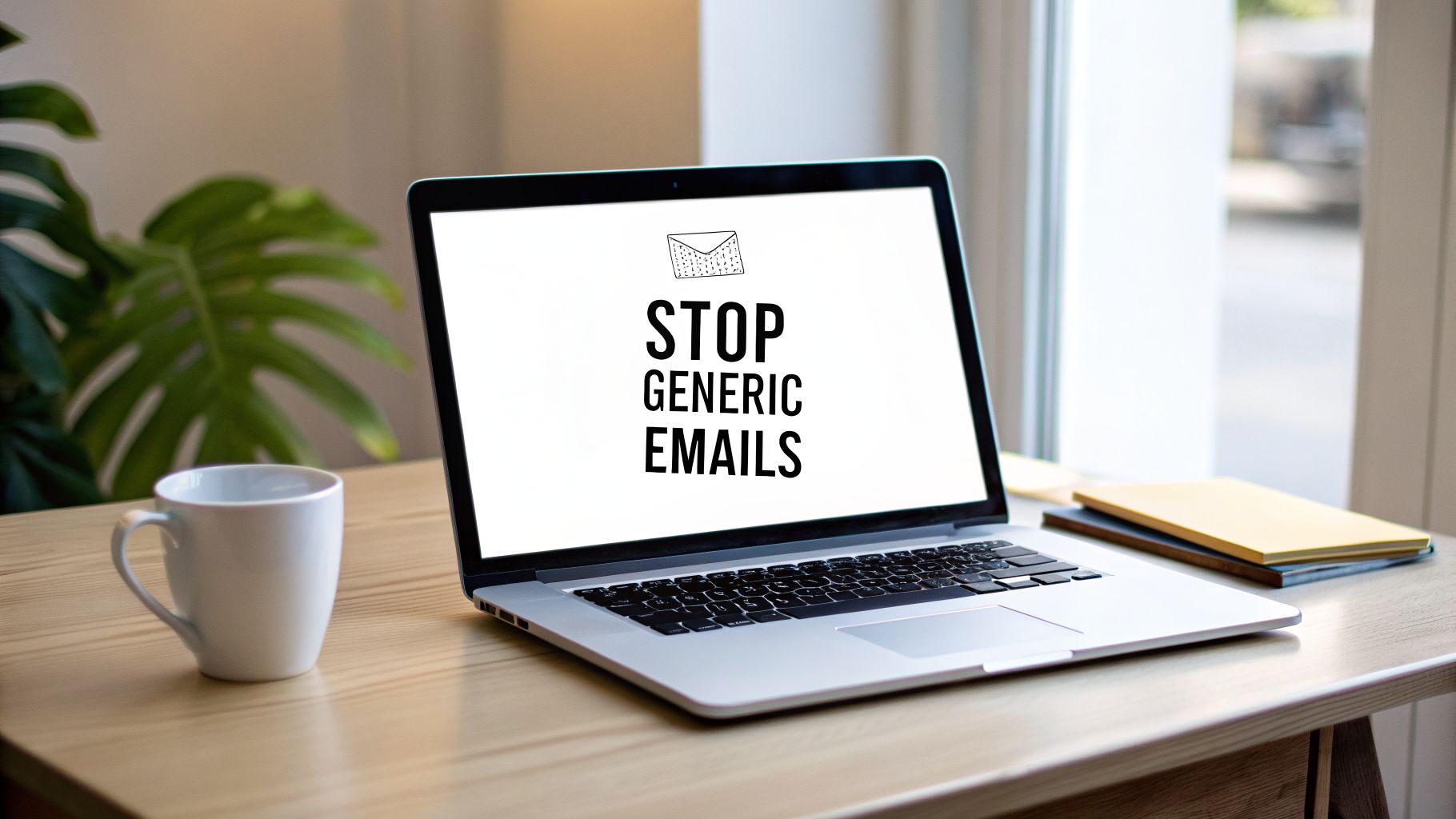 Laptop on a wooden desk displays 'STOP GENERIC EMAILS' with an email icon, next to a white mug and notebooks.