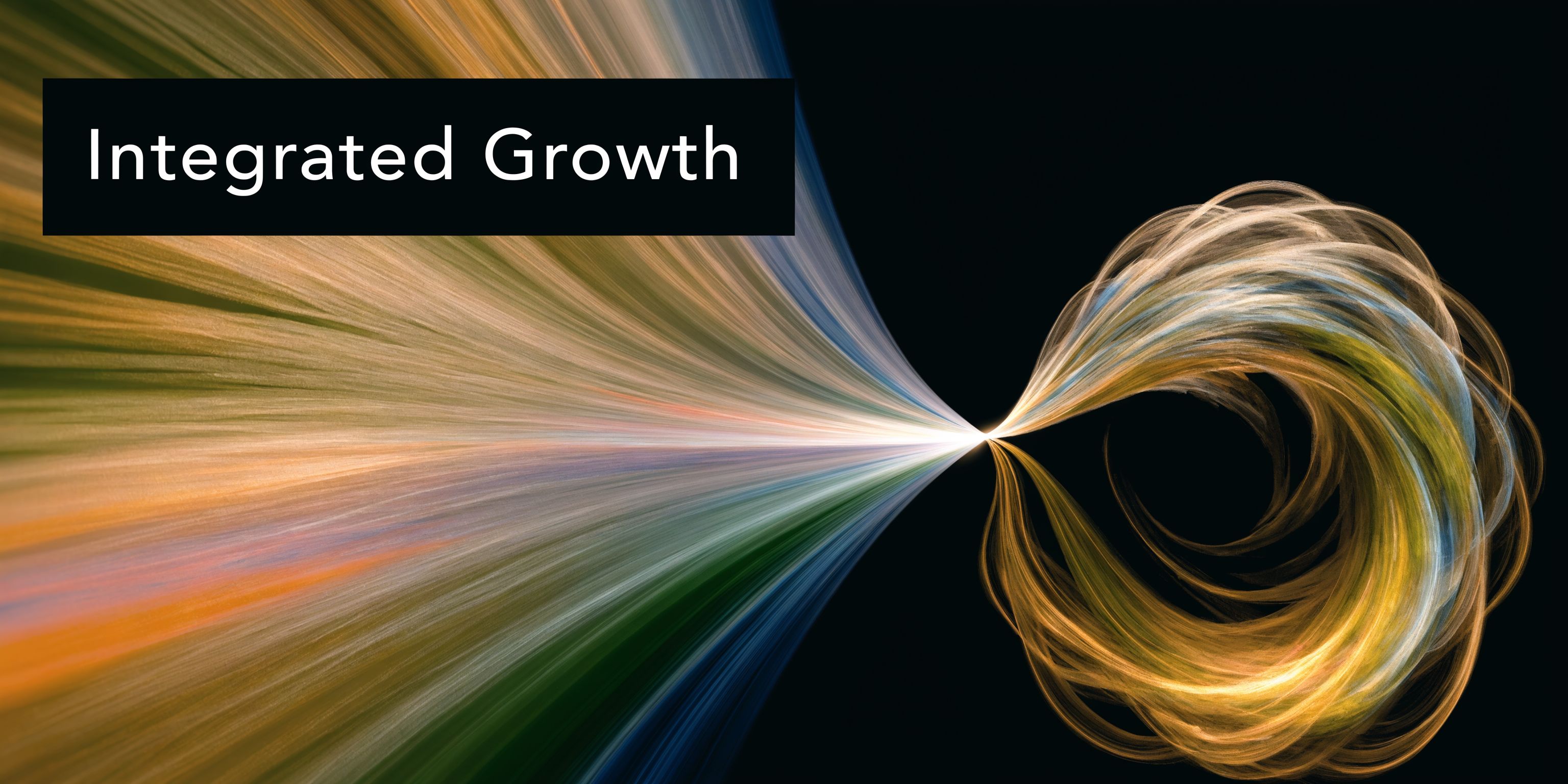 Abstract representation of integrated growth with flowing light lines converging into a swirling infinity shape.