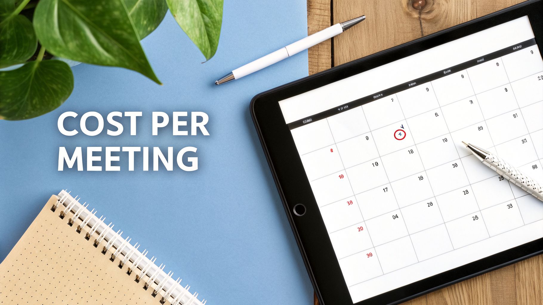 Overhead shot of 'Cost Per Meeting' text, calendar on tablet, pen, and notebook, highlighting meeting cost analysis.