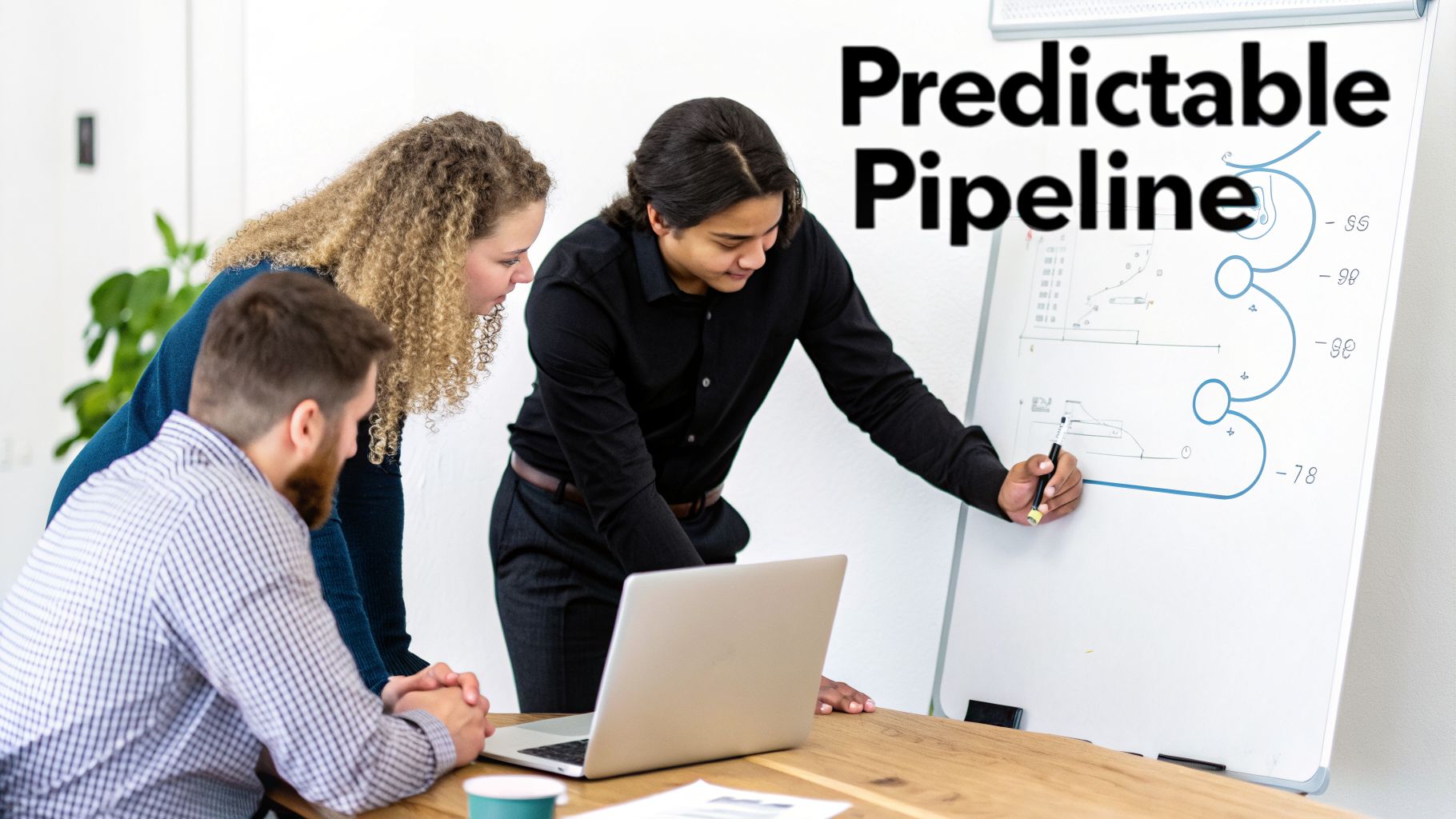 Three colleagues collaborate around a laptop and whiteboard, discussing a predictable pipeline strategy.