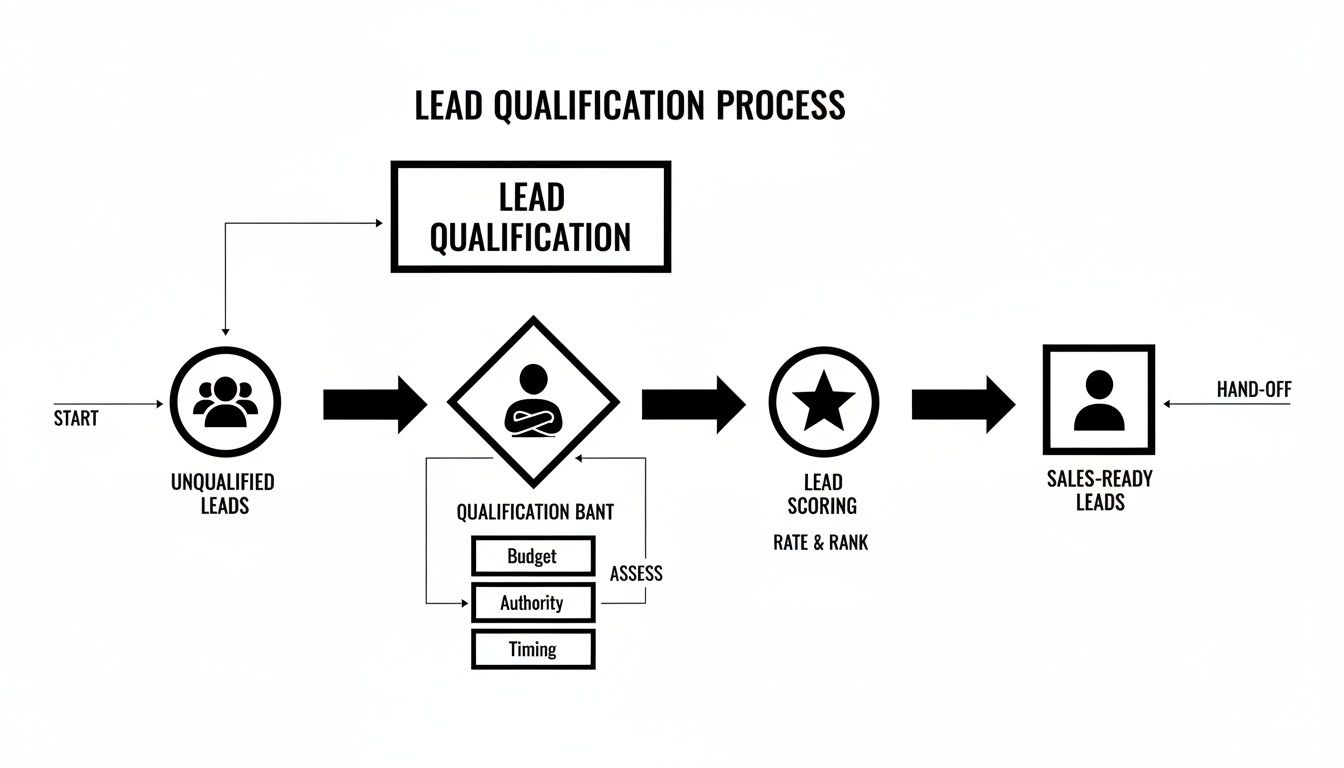 Flowchart detailing the lead qualification process, from initial leads to sales-ready, emphasizing BANT assessment and scoring.
