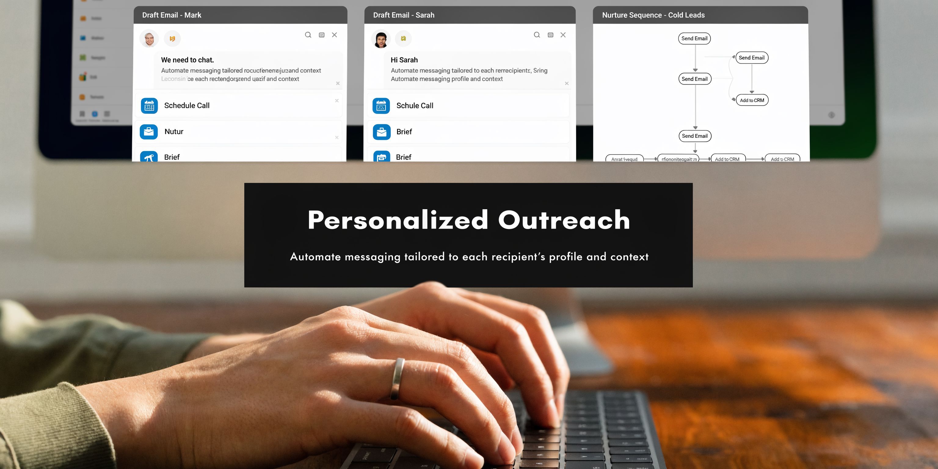 A professional typing on a keyboard with a digital interface showing automated email outreach sequences.