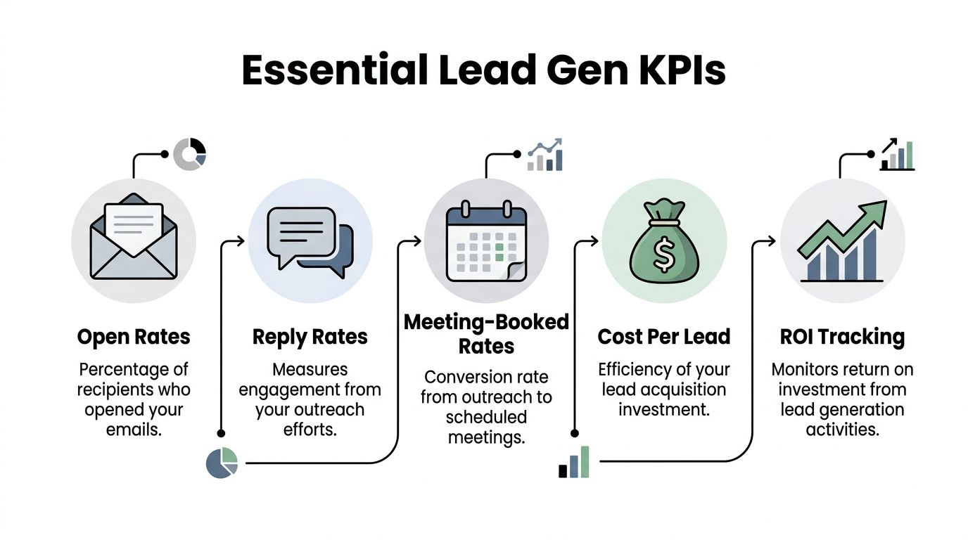 A diagram illustrating five essential lead generation KPIs including open rates, reply rates, meeting-booked rates, cost per lead, and ROI.