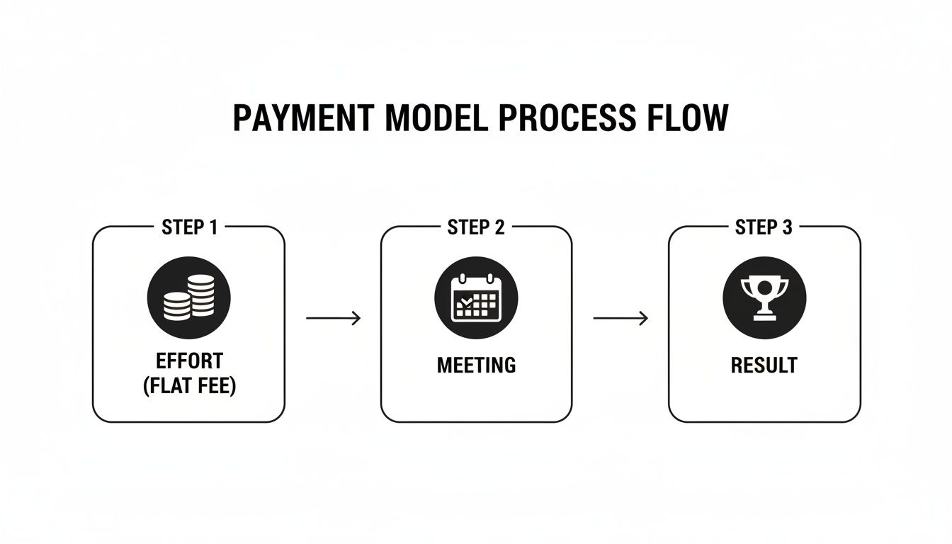 A process flow diagram illustrating payment model steps: effort (flat fee), meeting, and result.