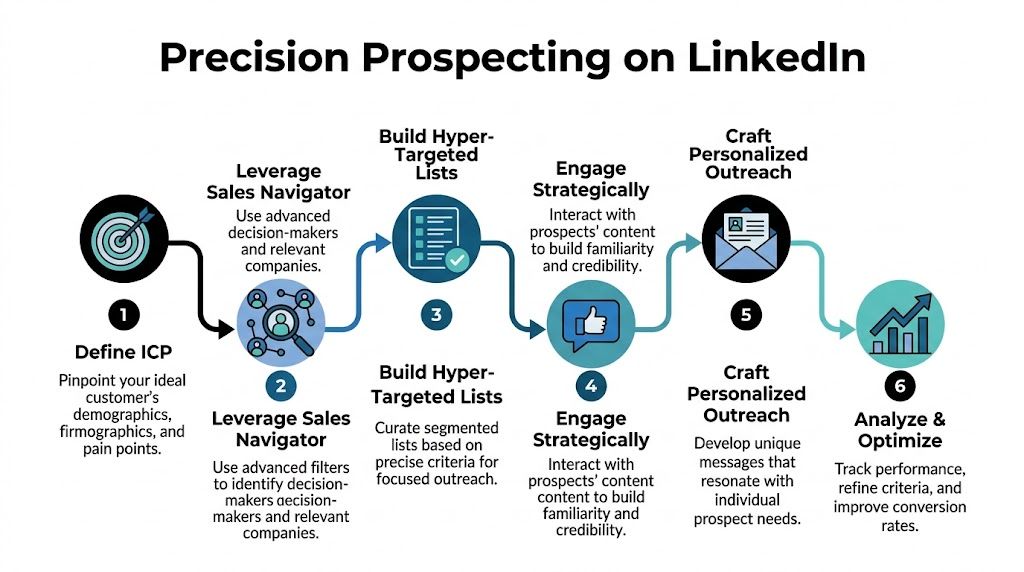A six-step infographic illustrating a strategic workflow for precision prospecting to generate B2B leads on LinkedIn.