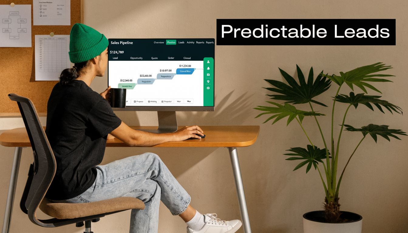 A person wearing a green beanie sits at a wooden desk viewing a sales pipeline dashboard online.