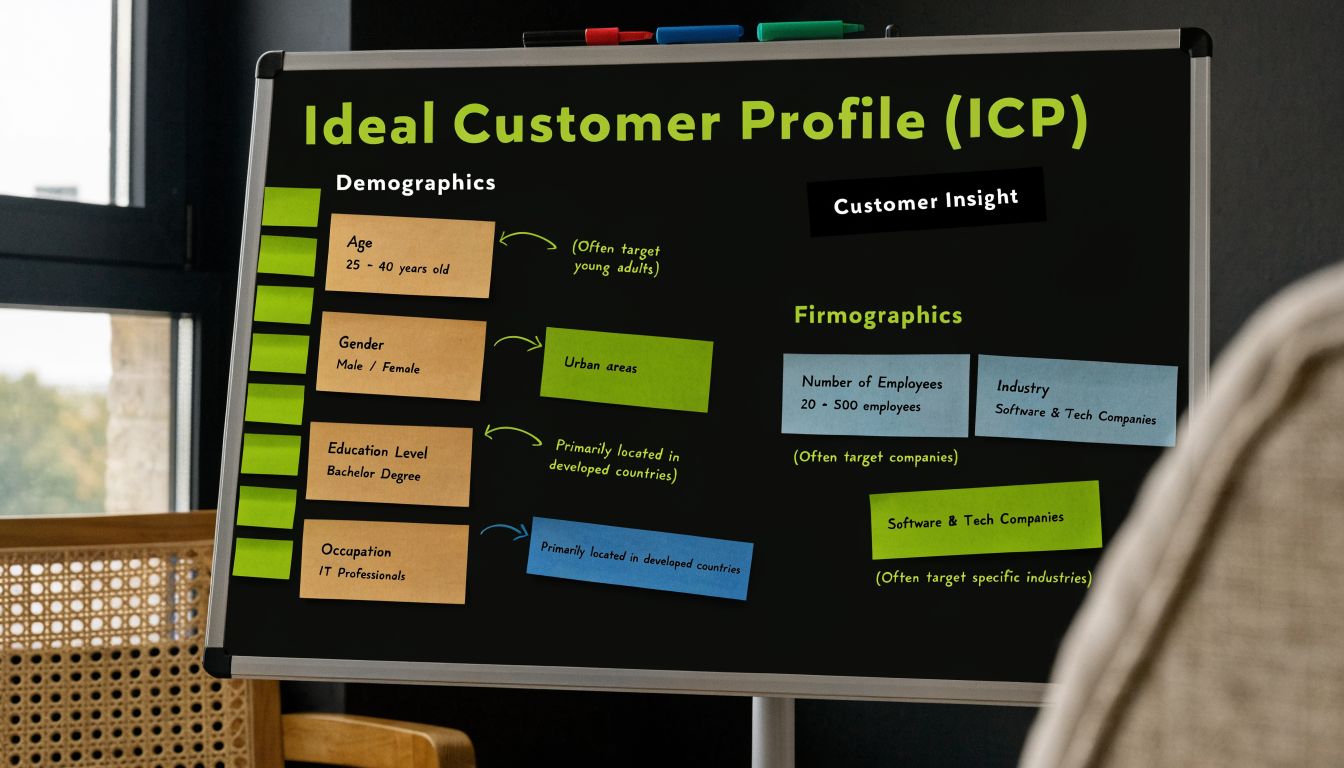 A whiteboard presentation displaying an Ideal Customer Profile outlining key demographics, firmographics, and customer insight strategy.