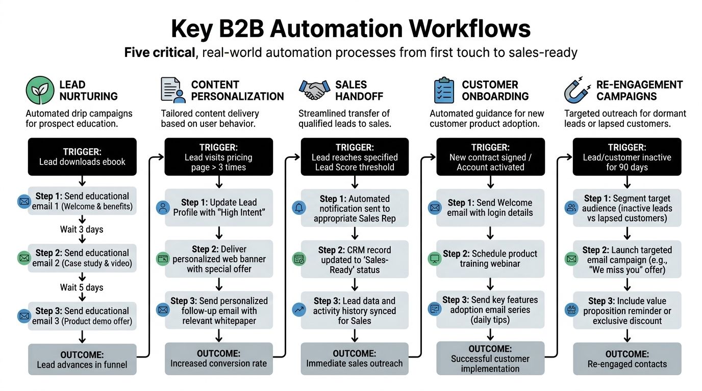 A diagram outlining five key B2B automation workflows from lead nurturing to customer re-engagement strategies.