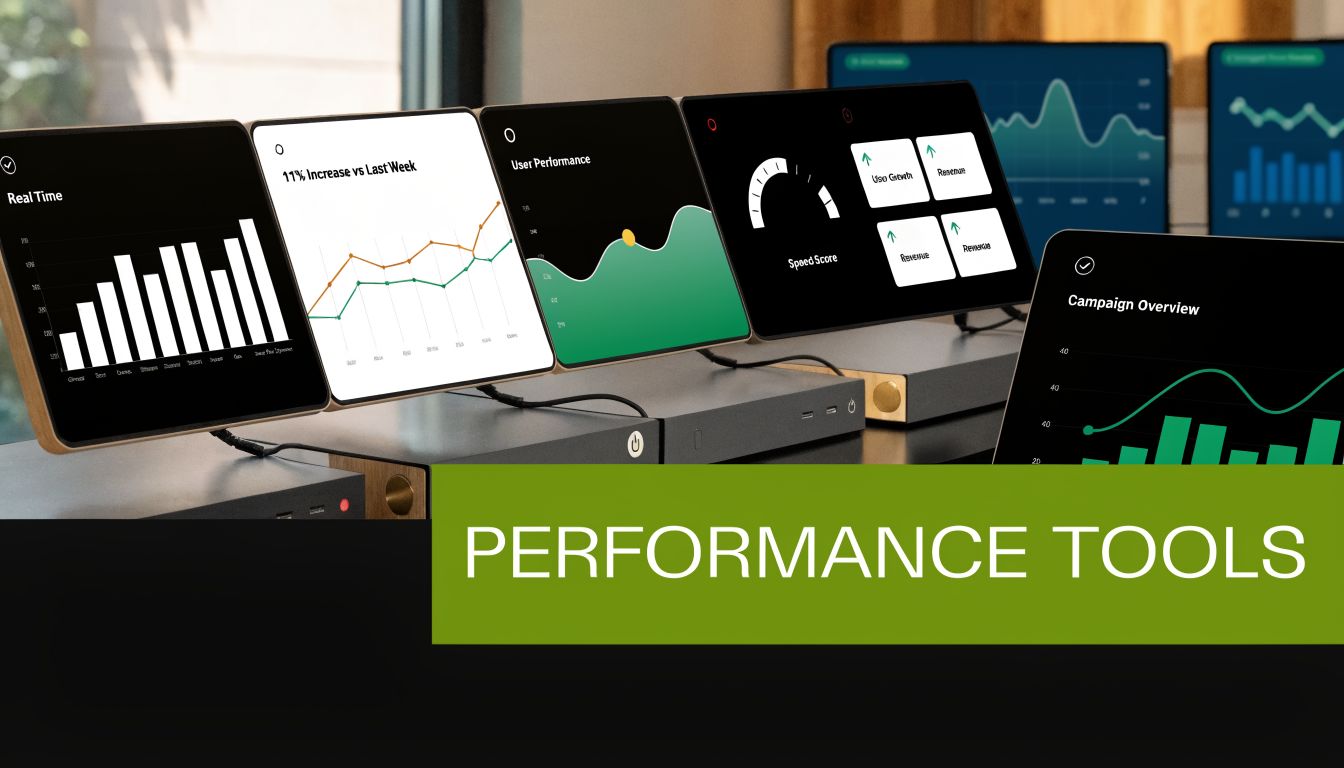 A modern workspace showcasing multiple digital screens displaying data analytics, performance metrics, and various business charts.