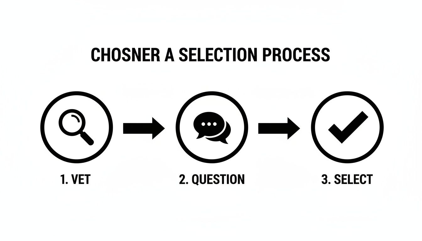 A three-step selection process titled 'Chosner A Selection Process' with icons for vet, question, and select.