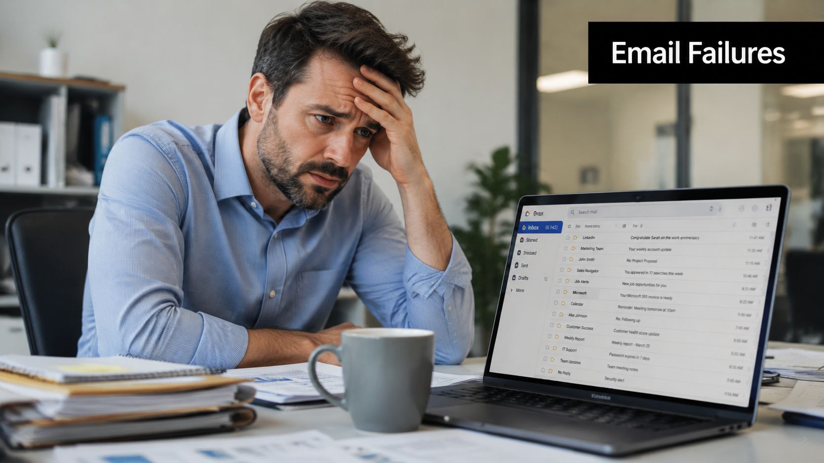 A stressed man sitting at his desk looking at his laptop screen displaying an email inbox.