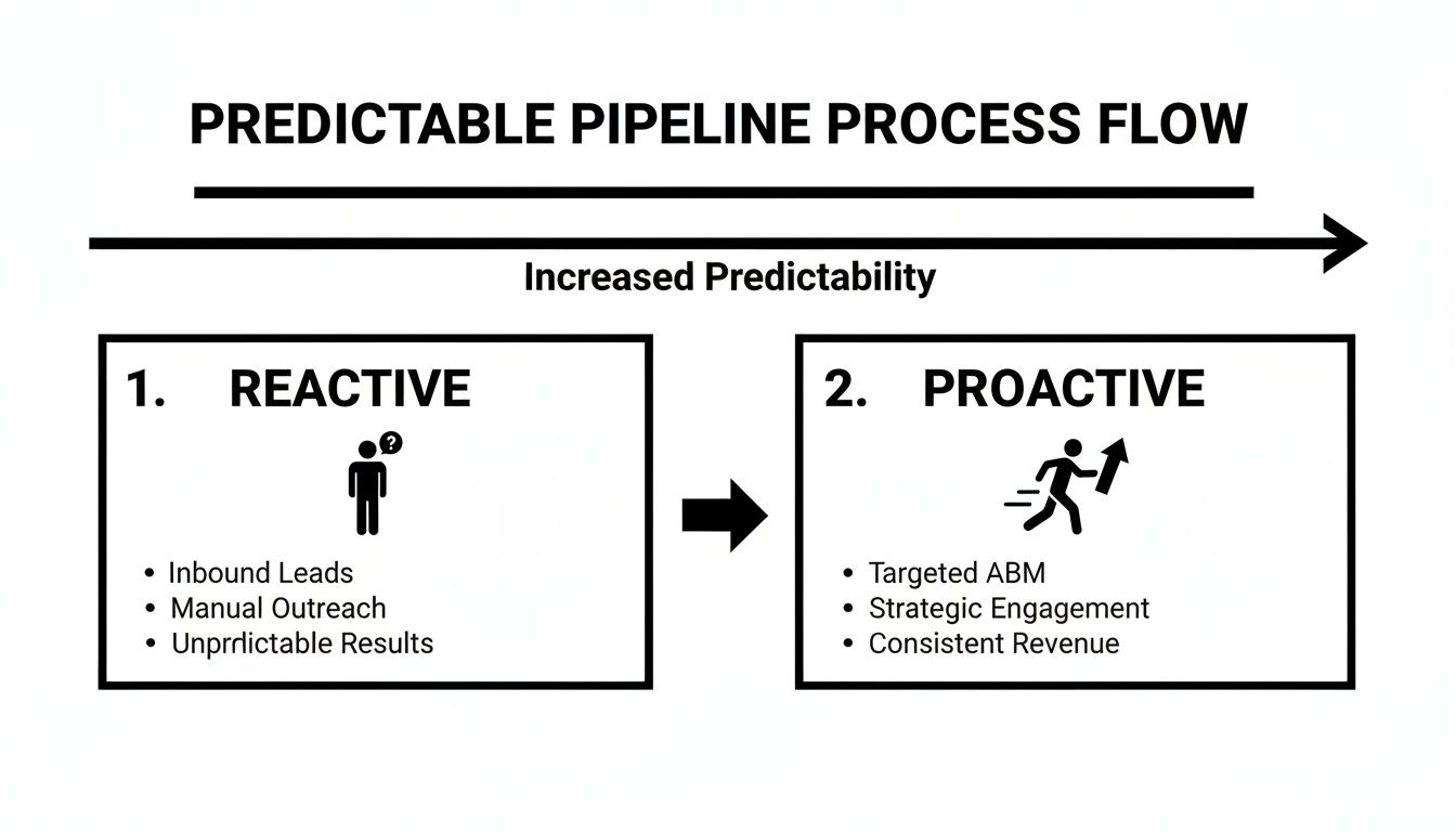 Diagram illustrating a predictable pipeline process flow from reactive to proactive strategies for increased predictability and consistent revenue.