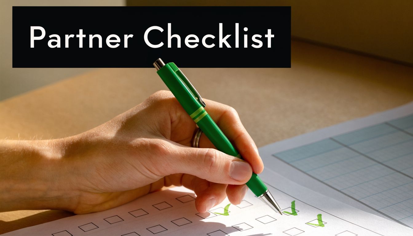 A person holding a green pen while checking boxes on a printed partner checklist document.