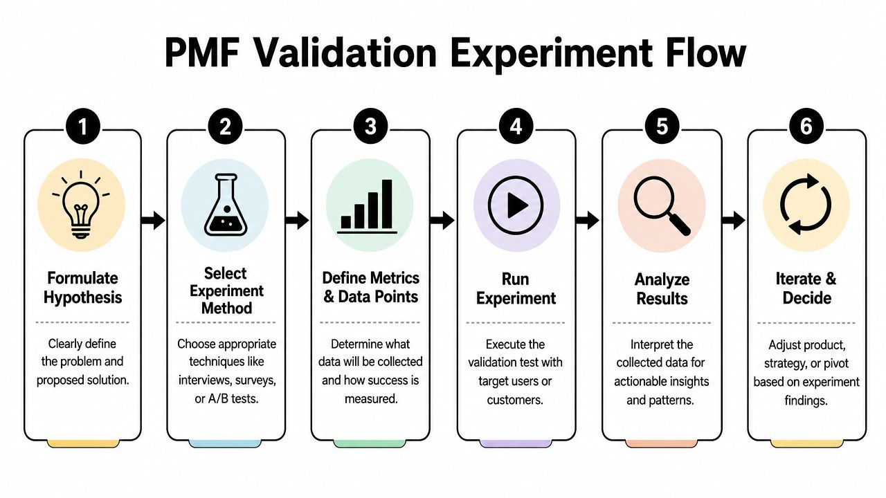 A six-step infographic showing the Product-Market Fit validation experiment flow from hypothesis to iteration and decision.