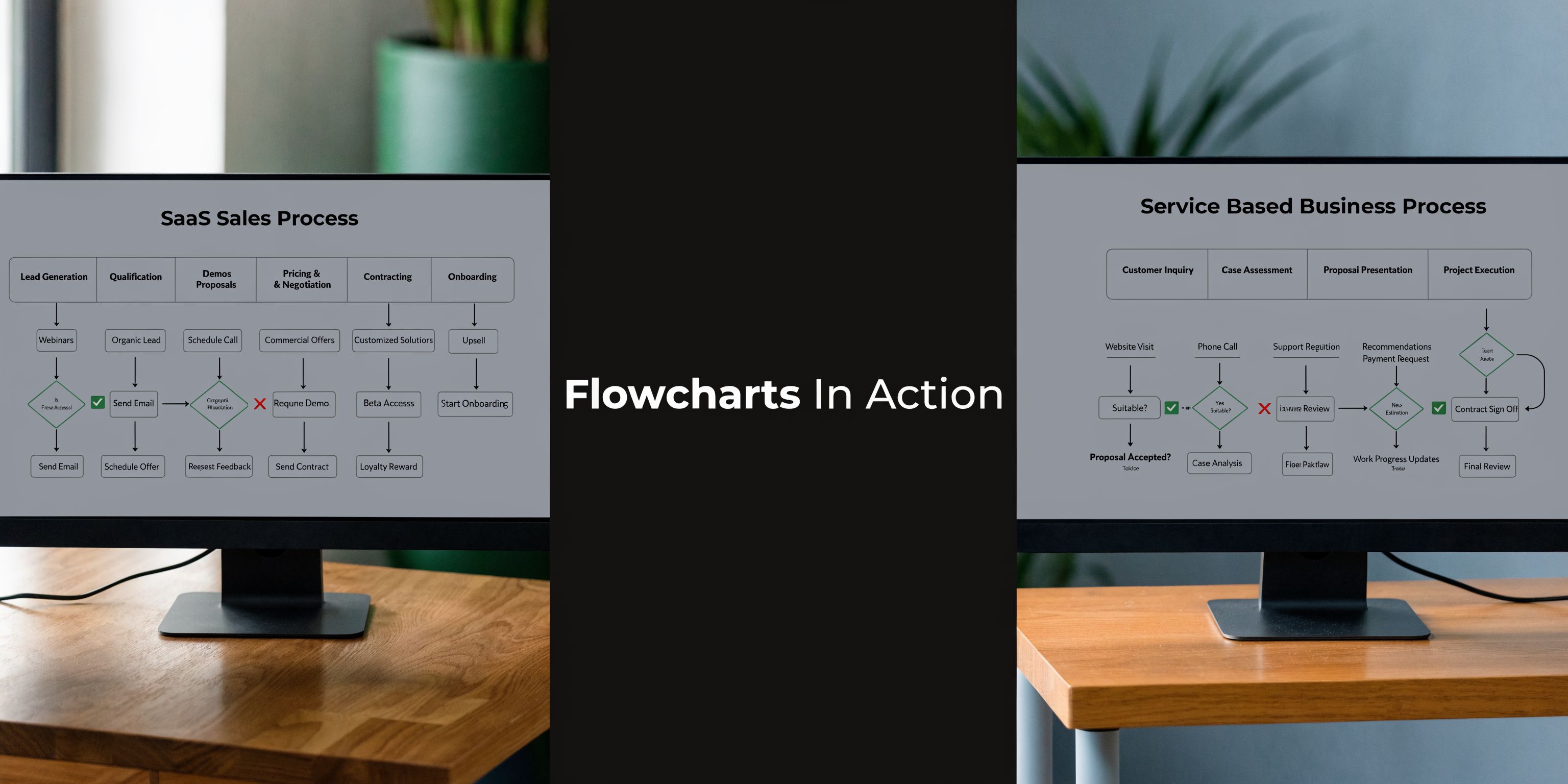 Two computer screens displaying detailed SaaS and service-based business process flowcharts on a wooden desk.