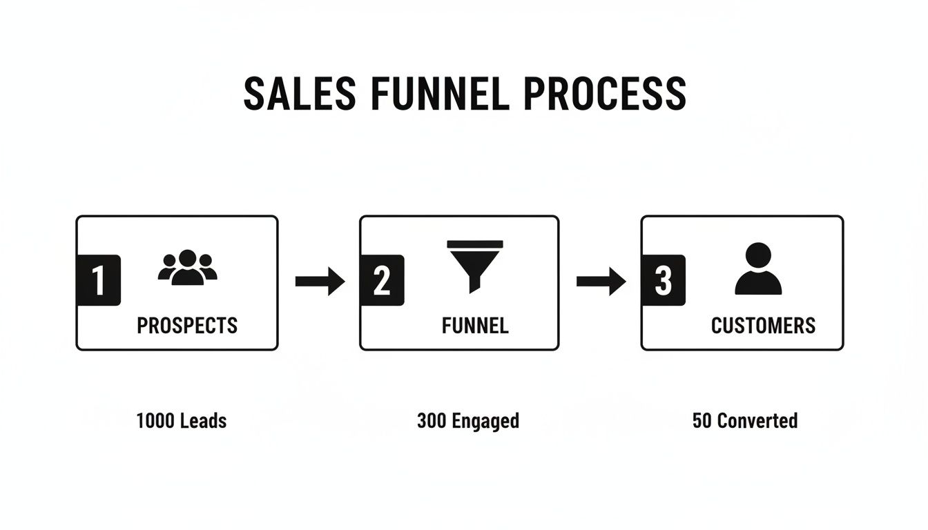 A sales funnel process diagram showing prospects entering, going through a funnel, and converting to customers.