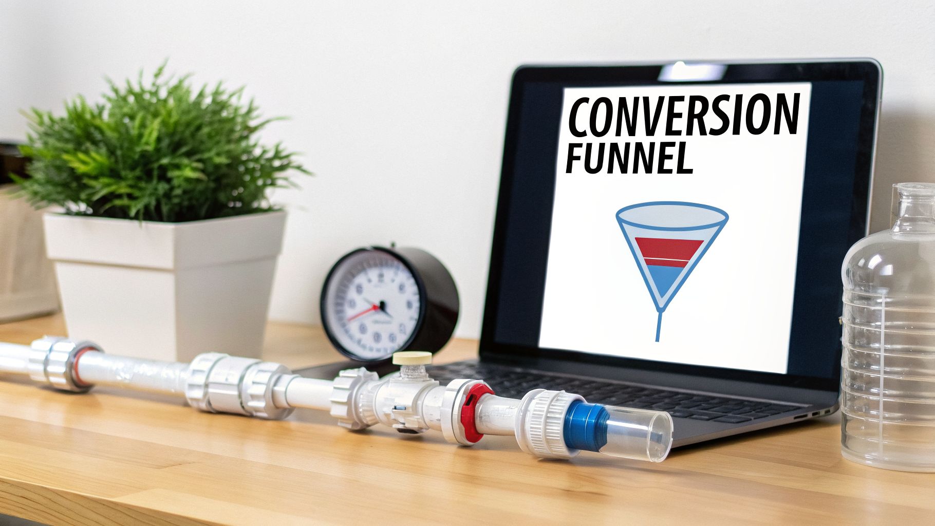 A desk with a laptop displaying a conversion funnel graphic, pipes, a plant, and a gauge.