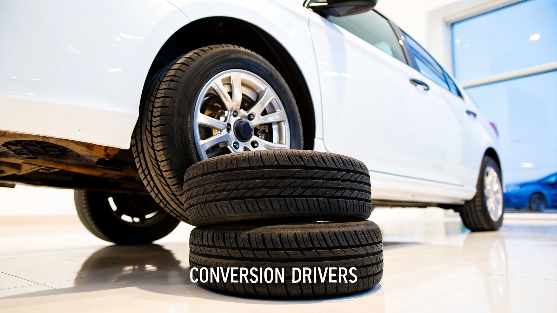 White car with stacked tires, displaying 'CONVERSION DRIVERS' text, in a brightly lit showroom.