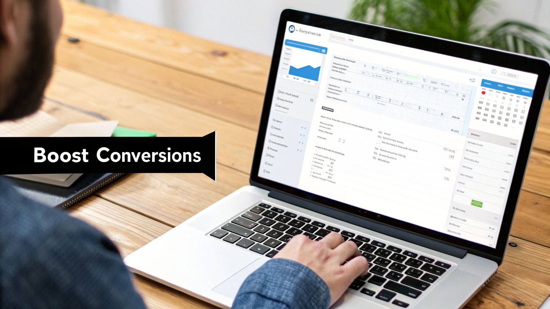 A person types on a laptop displaying a business analytics dashboard with a prominent 'Boost Conversions' text.