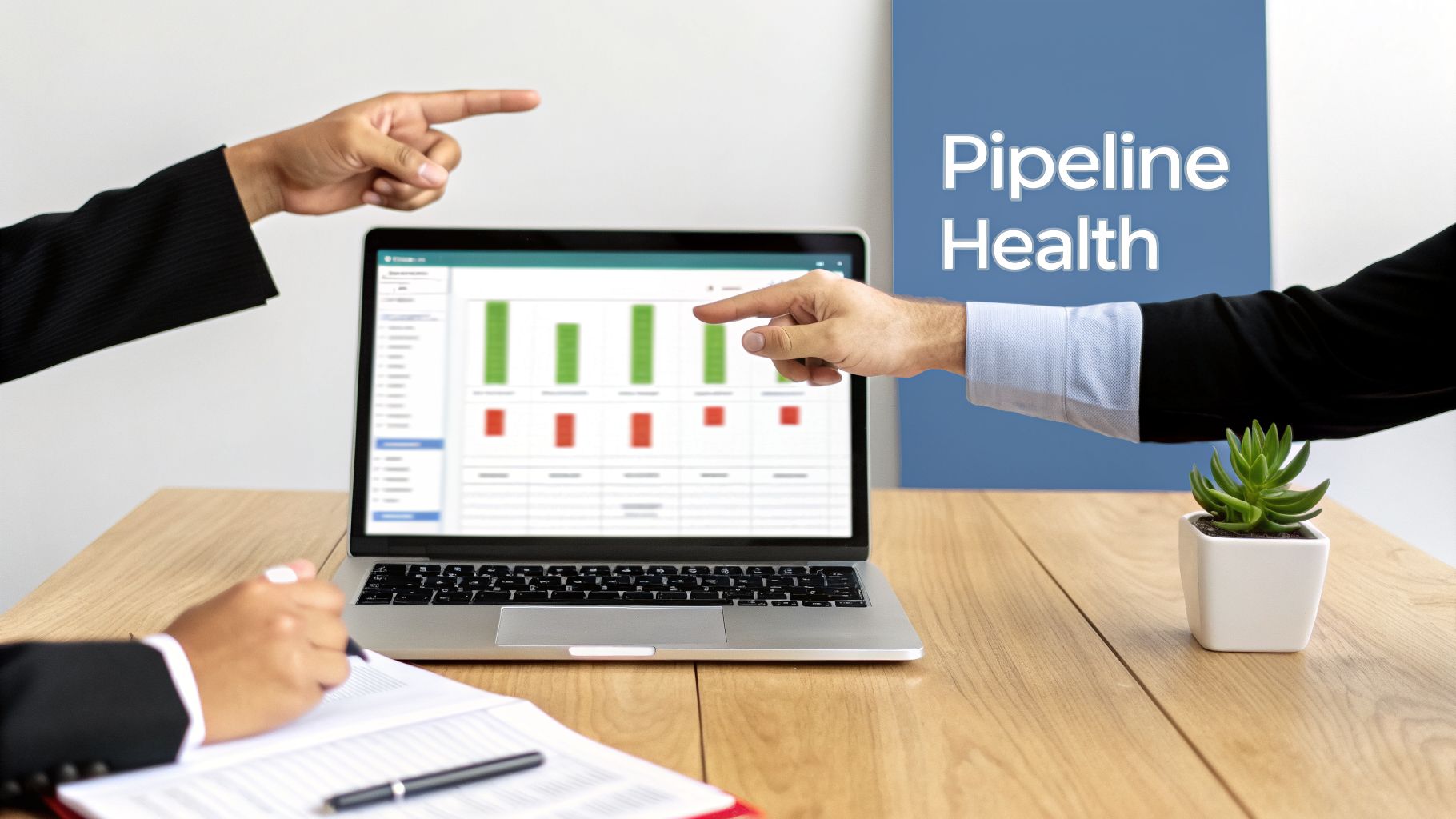 Two professionals review a sales pipeline health report with charts on a laptop.