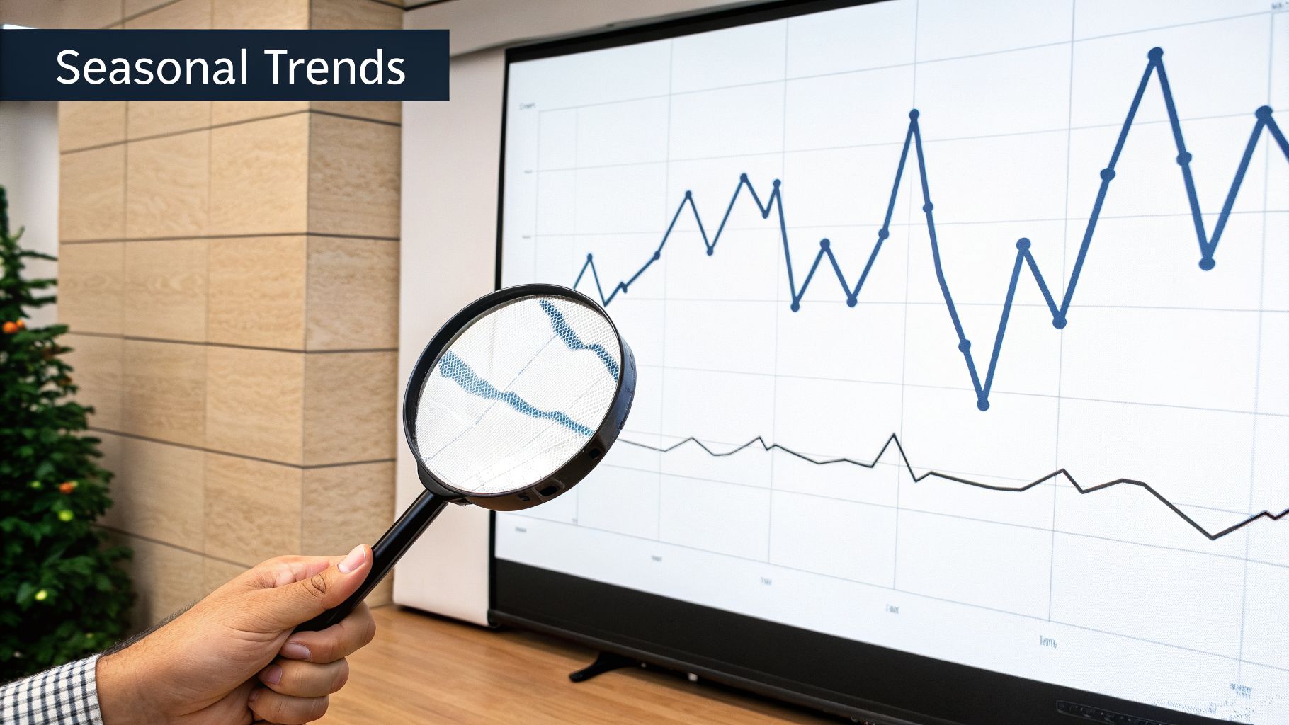 A hand uses a magnifying glass to analyze seasonal sales trends on a digital graph.