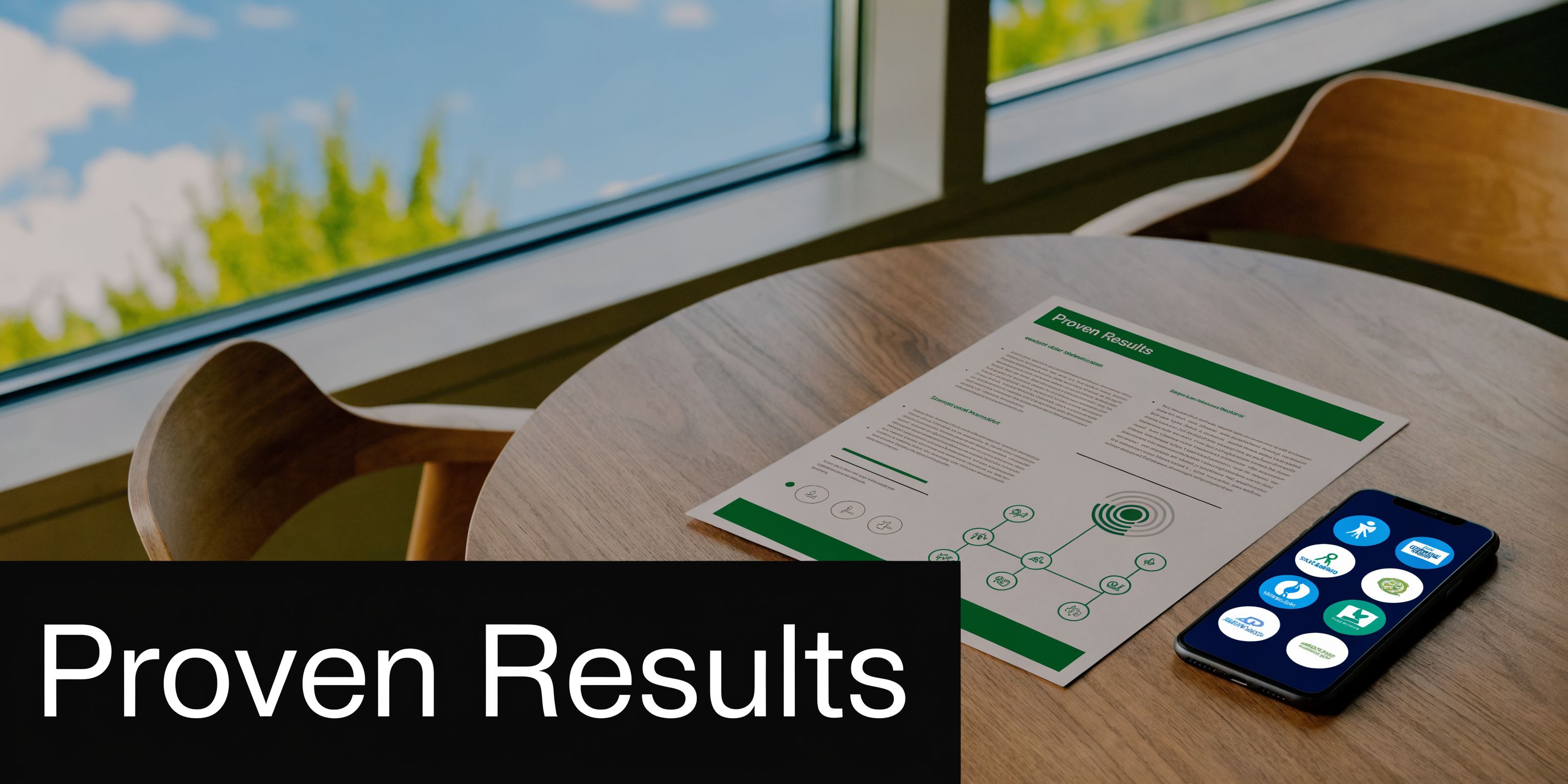 A document titled Proven Results and a smartphone with business app icons resting on a wooden table.