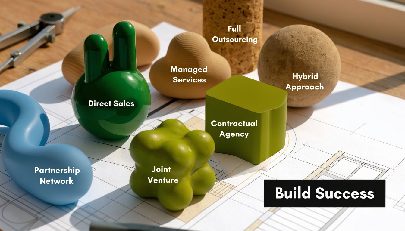 Abstract objects placed on architectural blueprints labeled with business growth models and strategies for building success.