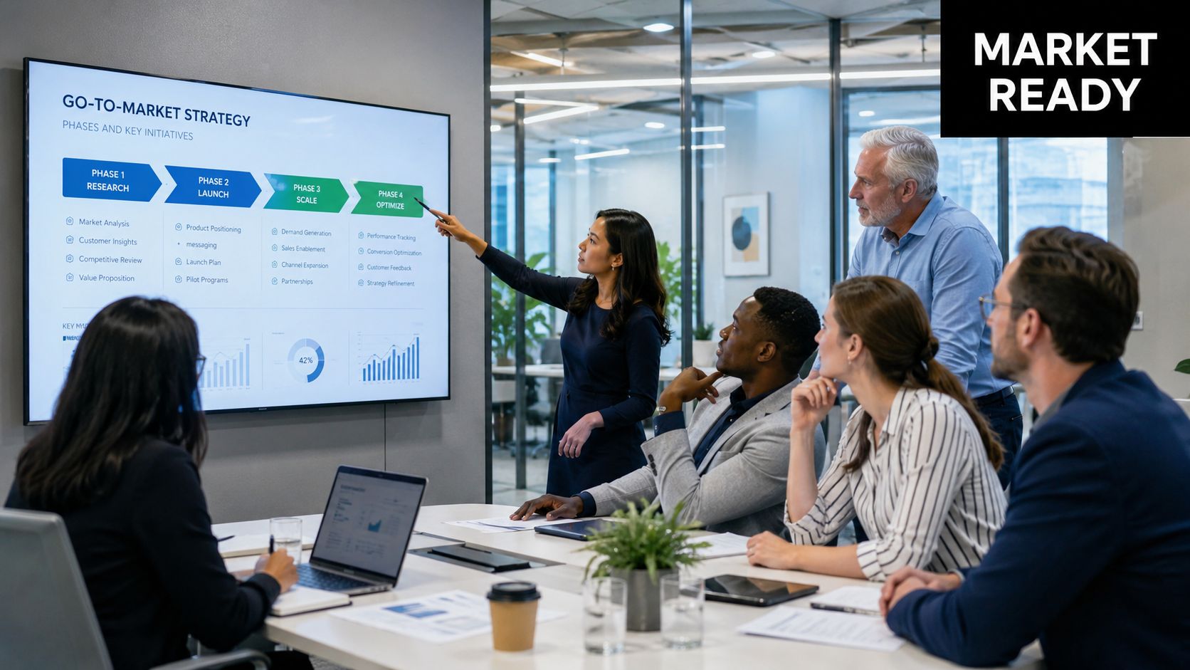 A professional team in a conference room discusses a go-to-market strategy presentation shown on a large screen.